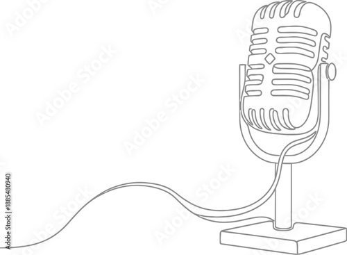 Minimalist continuous line illustration of a classic microphone, perfect for representing audio, music, and broadcast themes. Simple, modern vector art.