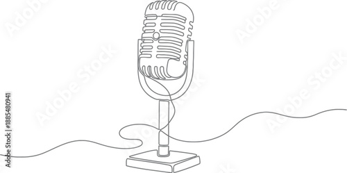 Retro single line drawing of a vintage microphone on a stand, symbolizing music, broadcasting, and podcasting. Classic, minimalist, and stylish illustration.