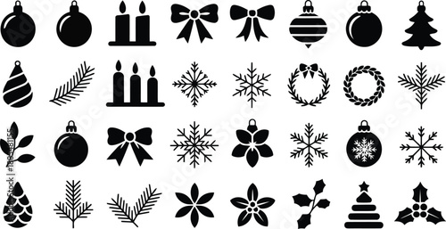 A comprehensive collection of black silhouette icons depicting various festive Christmas and winter holiday elements