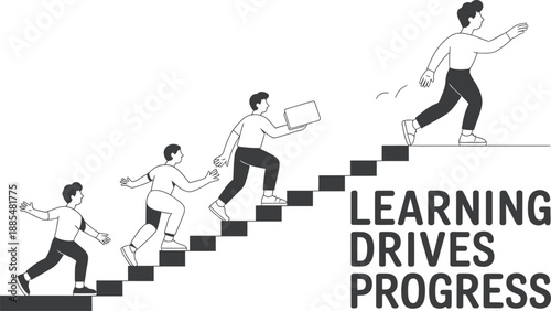 People climbing stairs, symbolizing learning and progress, with text "Learning Drives Progress