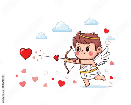 Cute Cupid Shooting Heart Arrow Flat Vector. Little Angel with Wings and Bow. Happy Valentines Day Character. Romantic Love, Amour and Archery Concept. Isolated Cartoon Illustration.