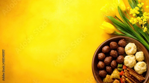 Bright yellow backdrop with a brown bowl of assorted chocolates and pastries at the right, beside flowers now
