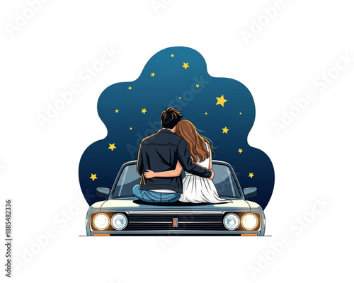 Romantic couple sitting on car hood stargazing at night sky. Back view of hugging lovers on road trip date. Love, travel and freedom concept. Flat vector illustration isolated on blue.