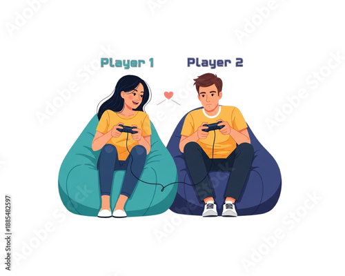 Young couple playing video games on beanbags. Player 1 and 2 text with heart. Man and woman holding controllers. Funny gamer relationship concept. Flat vector illustration for lifestyle and hobby.