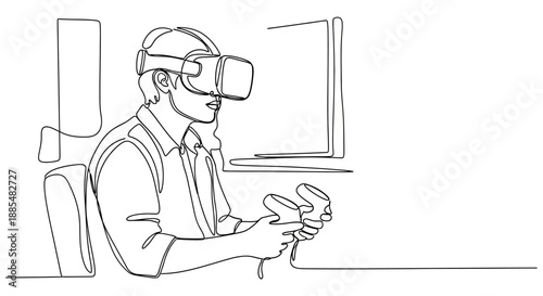 Man using virtual reality headset and controllers.