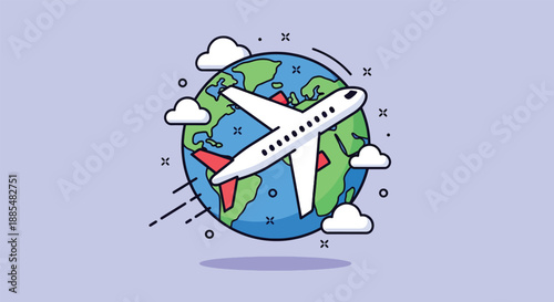 Airplane flying around the Earth symbolizing global travel and adventure.