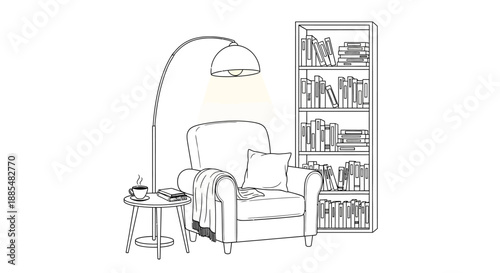Armchair with Pillow and Bookshelf Nearby.