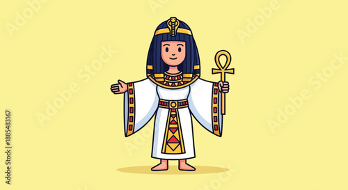 Cute Egyptian Pharaoh Woman Holding Ankh Symbol Cartoon.
