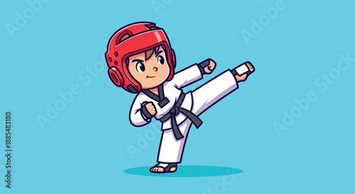 Cute Cartoon Taekwondo Fighter Performing a High Kick.