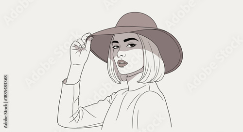 Woman Wearing Hat Adjusting Brim with Hand.