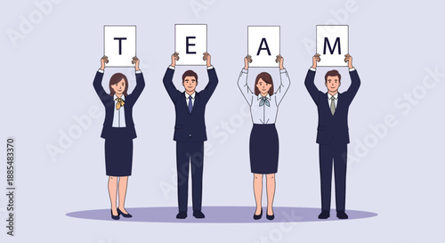 Four business people holding up letters spelling TEAM.