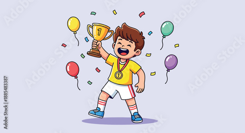 Happy Boy Holding Trophy with Balloons and Confetti.