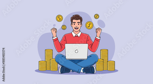 Man Celebrating Financial Success with Laptop and Coins Illustration.