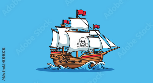 Pirate Ship Sailing on the Blue Ocean with Jolly Roger Flag.