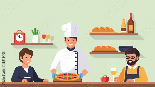 Cheerful chef presents pizza to customers in a cozy restaurant setting