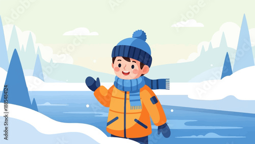 Cheerful child in warm winter clothes waving in snowy landscape