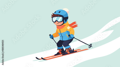 Cheerful child in winter gear skiing down a snowy slope