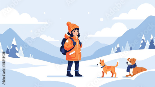 Cheerful child with backpack and two dogs enjoys a snowy mountain landscape