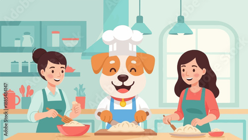 Cartoon dog and two women baking together in a kitchen