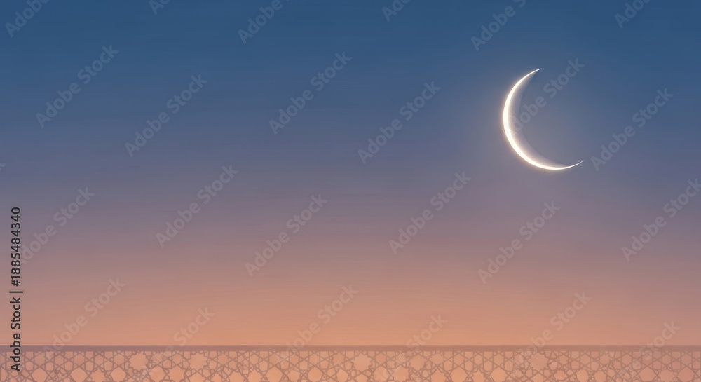 Fototapeta premium Crescent moon in a gradient twilight sky over a textured horizon representing night astronomy and celestial beauty