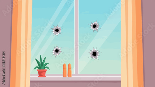 Bullet-riddled window with bullet casings and a potted plant visible