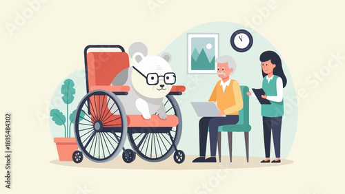 Cartoon elderly bear in wheelchair with man and caregiver