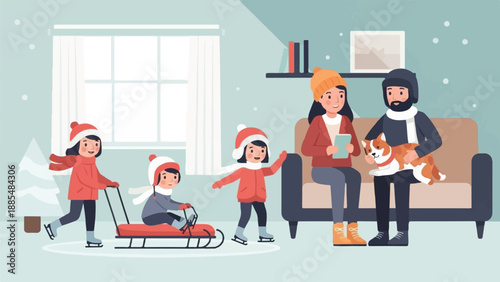 Cheerful family enjoying winter indoors and outdoors with dog