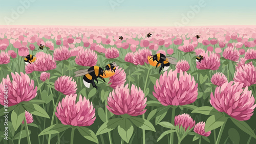 Bumblebees collecting nectar from a field of vibrant pink clover flowers under a soft sky
