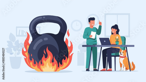 Burning kettlebell and people working with dog