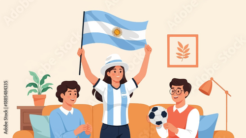 Cheerful fans with flag and ball watch a match at home