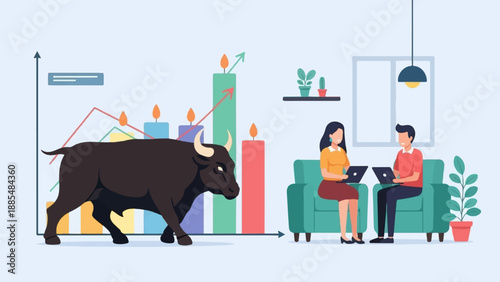 Bull market concept animal, charts, people, and laptops on sofa