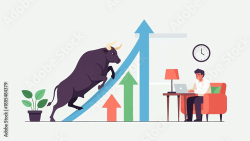 Bull charges up a growth graph as man works on laptop