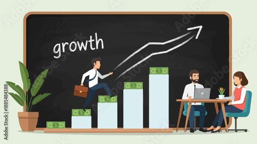 Business growth depicted by a man climbing stairs with money and charts