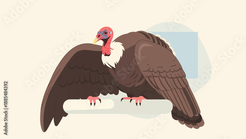 Brown vulture with wings spread wide, perched on a pale surface
