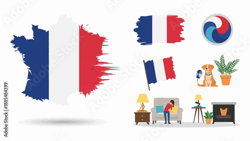 Brushstroke French map, flags, Korean symbol, dog, plant, and living room scene