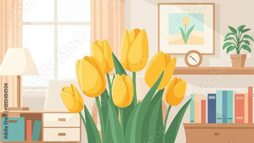 Bright yellow tulips in a cozy room with a window and bookshelf