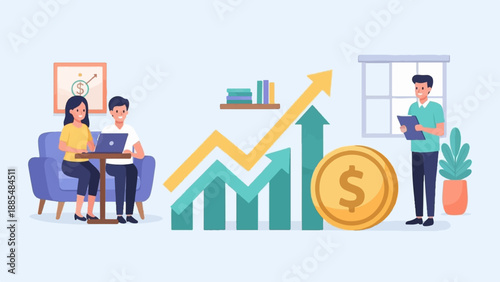 Business growth illustrated by upward trending financial charts and happy employees