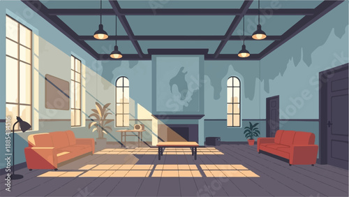 Bright sunlight streams into a cozy room with couches and plants