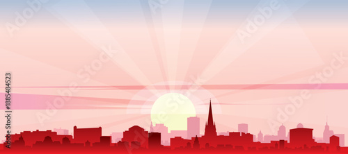 Red panoramic poster of the city skyline with misty background buildings, sunrise, moon and clouds of BORDEAUX, FRANCE