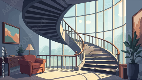 Bright, modern interior with spiral staircase and armchair near large windows