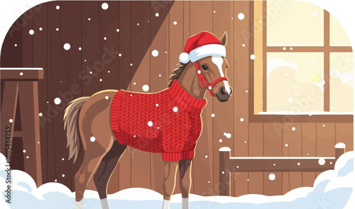 Adorable horse in a red sweater and Santa hat stands in a snowy stable