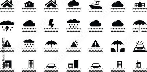 A comprehensive set of black silhouette icons depicting various flood and disaster scenarios with water levels