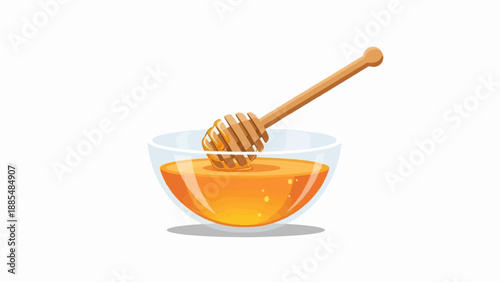 A wooden honey dipper rests in a clear glass bowl filled with golden honey