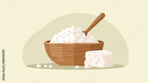 A wooden bowl filled with white cottage cheese and a spoon rests on a surface
