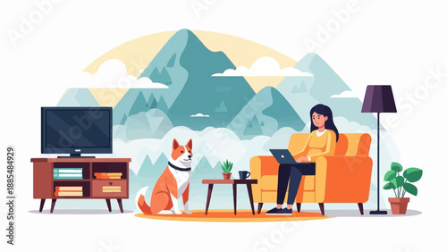 A woman works on her laptop next to her dog with mountains in the background