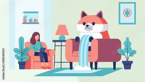 A woman works on her laptop while a cute fox-like creature spills water on a sofa