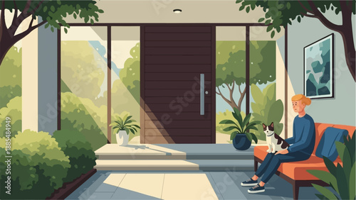 A woman with her dog sits on a couch by a large door and windows