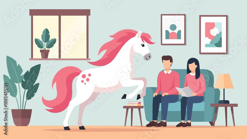 A surreal scene of a white horse with pink mane jumping in a living room with a couple