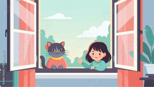 Adorable cartoon girl and cat peer out an open window at sky and trees