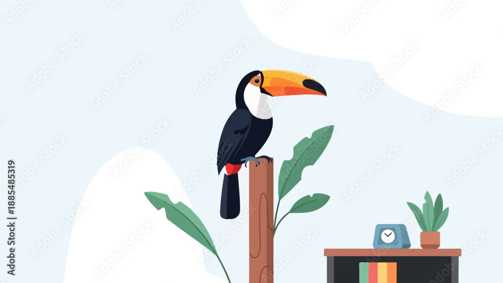 Fototapeta premium A toucan perches on a wooden post with houseplants and a clock nearby